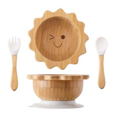 Bamboo Suction Bowl for Baby Kid Toddler Bowl Spoon Fork Set with Removable Silicone Suction All-Natural Baby Feeding Set for Baby-Led Weaning Fits Feeding High Chair Table