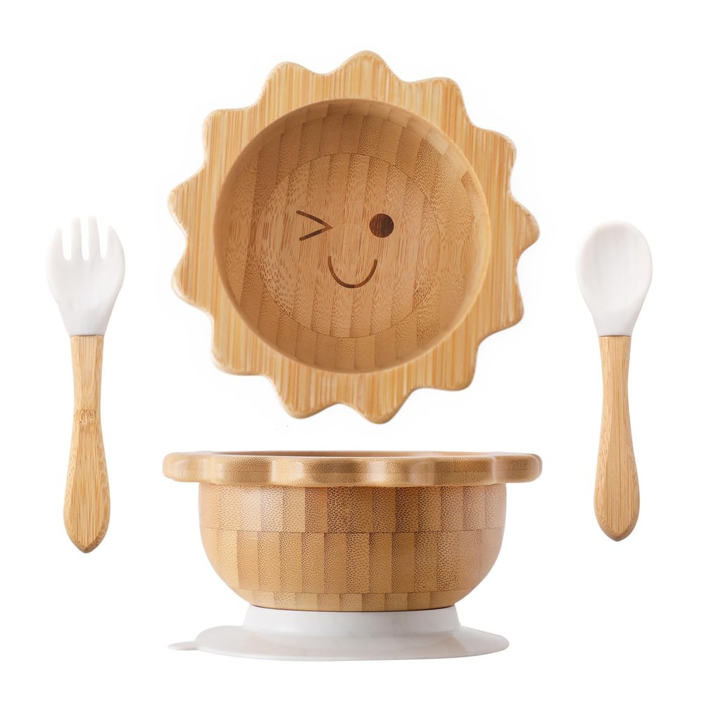 Bamboo Suction Bowl for Baby Kid Toddler Bowl Spoon Fork Set with Removable Silicone Suction All-Natural Baby Feeding Set for Baby-Led Weaning Fits Feeding High Chair Table