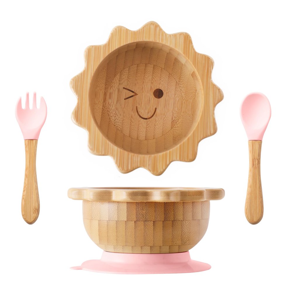 Bamboo Suction Bowl for Baby Kid Toddler Bowl Spoon Fork Set with Removable Silicone Suction All-Natural Baby Feeding Set for Baby-Led Weaning Fits Feeding High Chair Table