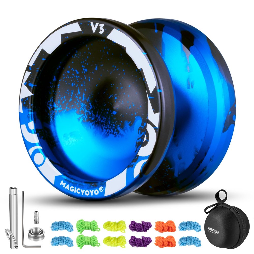 MAGICYOYO V3 Responsive Yoyo for Kids Beginners , Professional Yoyo for Adult, Dual Purpose Metal Yo-Yo with Replacement Bearing + 12 Yo-yo Strings, Bearing Removal, Axle, Case Bag (Black Blue)