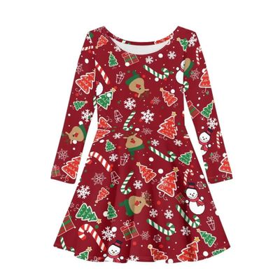 Allinterest Christmas Dress Girls Cute Princess Dresses Snowflake Deer Candy Print Long Sleeve A-Line Round Neck Casual Xmas Party Costume