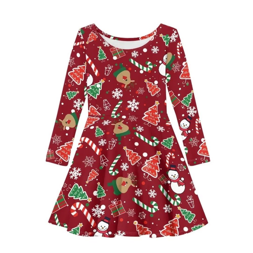 Allinterest Christmas Dress Girls Cute Princess Dresses Snowflake Deer Candy Print Long Sleeve A-Line Round Neck Casual Xmas Party Costume