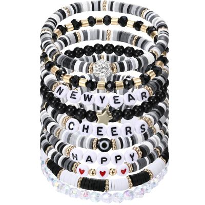 Quelay 10 Pcs Happy New Year Beaded Bracelets Traditional Spring Festival Stretch Bracelets Bulk Jewelry for Women Friendship New Year Party Gifts