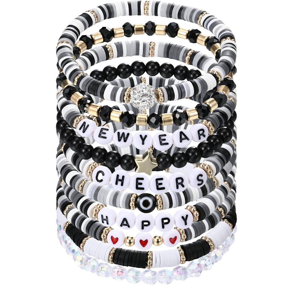 Quelay 10 Pcs Happy New Year Beaded Bracelets Traditional Spring Festival Stretch Bracelets Bulk Jewelry for Women Friendship New Year Party Gifts