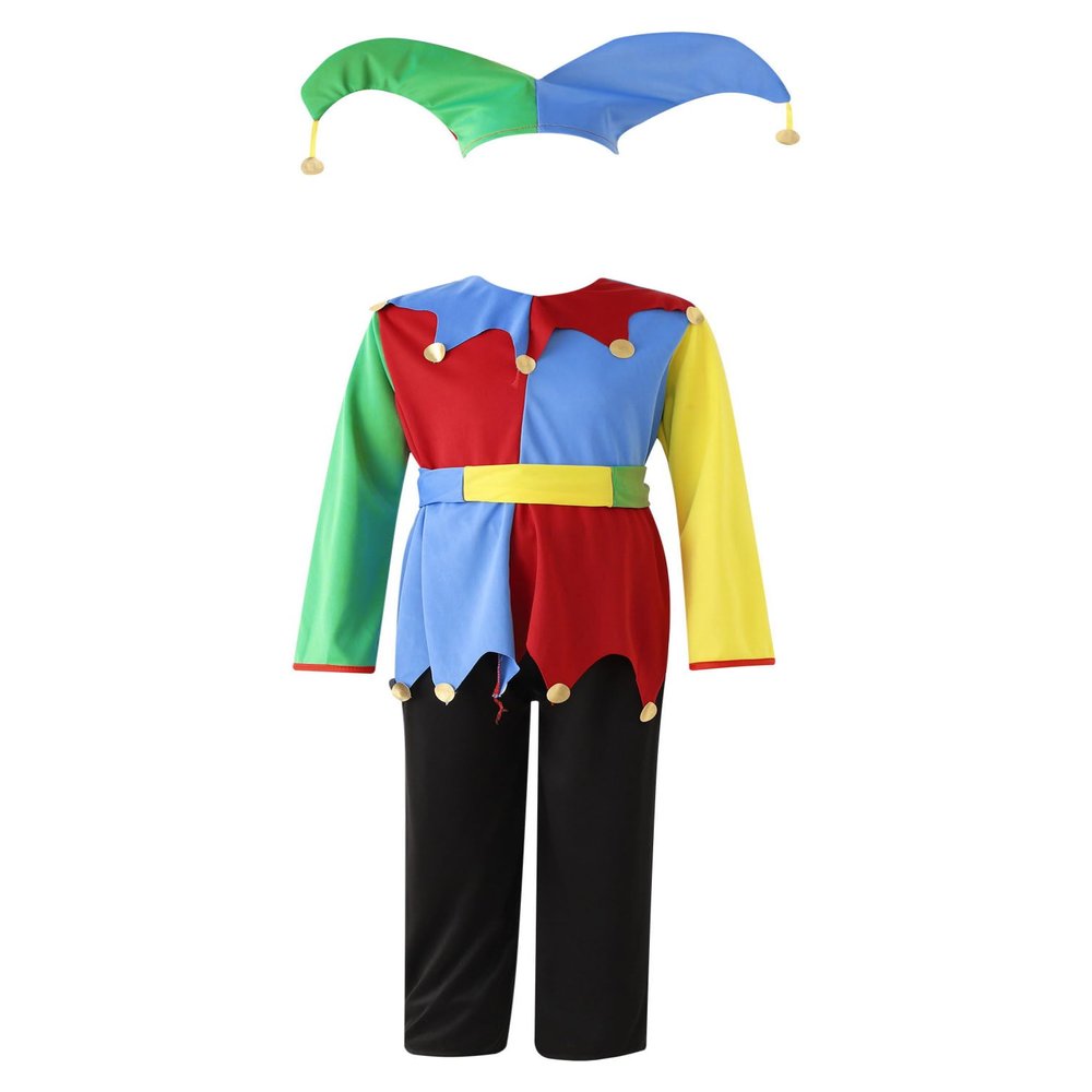 Jugaoge Kids Boys Girls Clown Costume Halloween Fancy Dress-up Circus Carnival Evil Jester Roleplay Colorful 7-10 Years