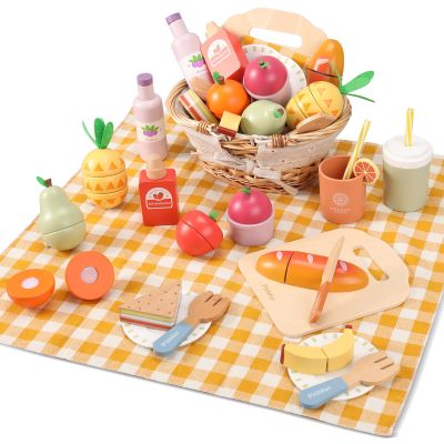 Pithfor Picnic Playset, Wooden Play Food Set for Kids Kitchen, Cutting Pretend Play Kitchen Food Toy for Toddlers Girls Boys 3 4 5 Years Old