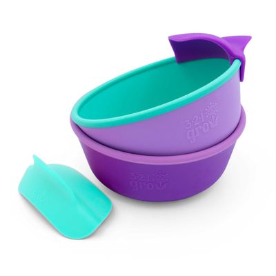 321 Grow Silicone Easy Scoop & Hold Bowl Set  Adaptive Baby & Toddler Feeding Bowls with Clip-On Rim and Handle  Helps Build Independence & Coordination  2 Pack  Dishwasher Safe (Grape)