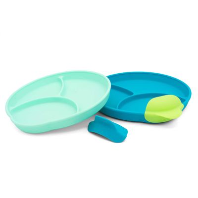321 Grow Silicone Easy Scoop & Hold Plate Set - Baby and Toddler Training Plates with Clip-On Rims for Easy Scooping, Self-Feeding and Baby Led Weaning, 6+ months (Ocean)