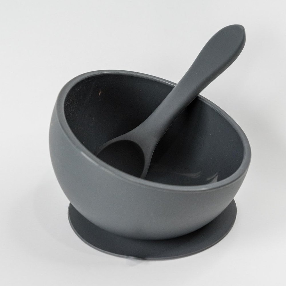 Babeehive Goods Bowls | Stress-Free, Mess-Free Mealtime | Food-Grade Silicone | Sturdy Suction Bowl and Soft Silicone Spoon | Soft, Flexible Silicone | Perfectly Sized, BPA-Free (Charcoal)