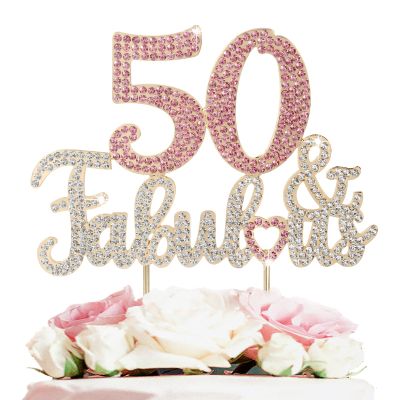 LASKYER 50 & Fabulous Gold & Pink Rhinestone Cake Topper - Happy 50th Birthday Cheers to Fifty Years Old Bday Party Metal Sparkly Food Centerpieces Topper Decorations Keepsake.