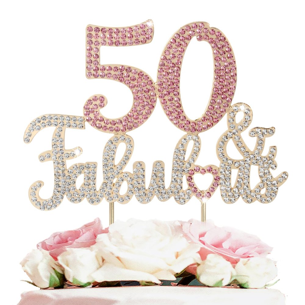 LASKYER 50 & Fabulous Gold & Pink Rhinestone Cake Topper - Happy 50th Birthday Cheers to Fifty Years Old Bday Party Metal Sparkly Food Centerpieces Topper Decorations Keepsake.