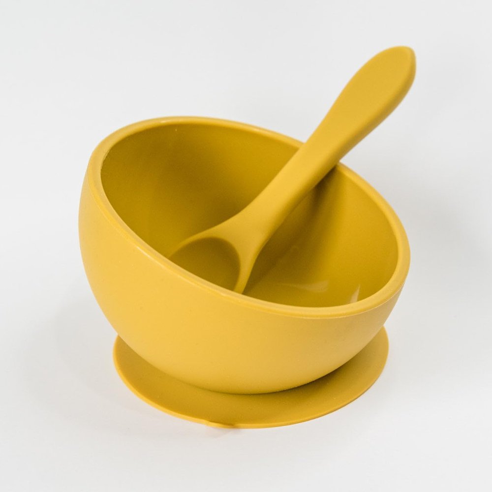 Babeehive Goods Bowls | Stress-Free, Mess-Free Mealtime | Food-Grade Silicone | Sturdy Suction Bowl and Soft Silicone Spoon | Soft, Flexible Silicone | Perfectly Sized, BPA-Free (Mustard)