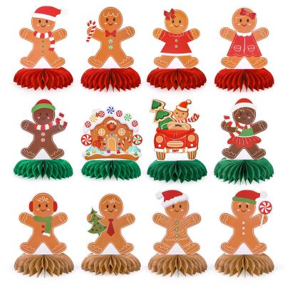 Whaline 12Pcs Christmas Honeycomb Centerpieces Gingerbread Honeycomb Decor Assorted 3D Xmas Table Decoration for Winter Party Favor Supplies