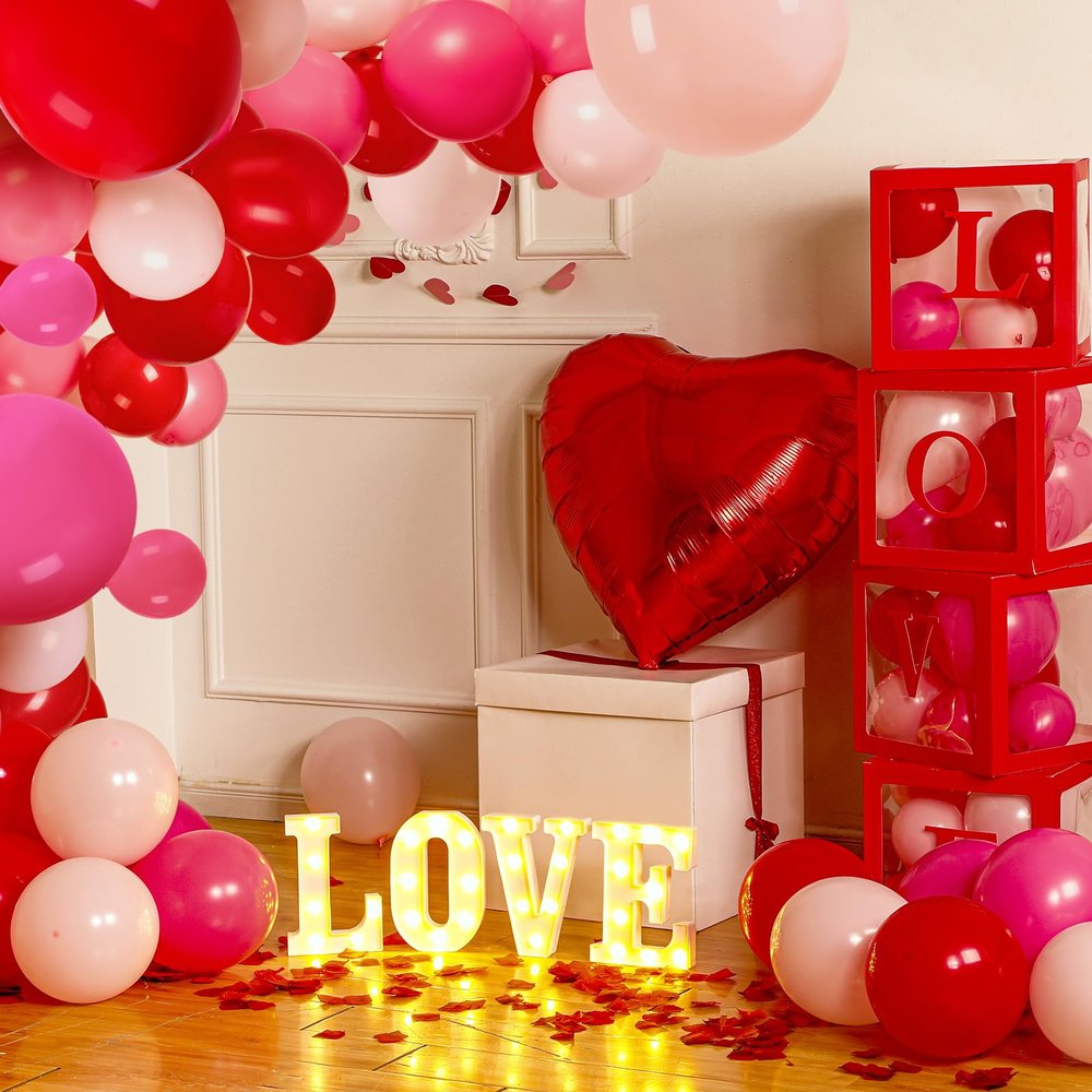 MiniInflat 129 Pcs Valentine's Day Party Decorations 8.58" Tall Love LED Light up Letters Balloon Boxes Letters Red Pink Balloon Garland Arch Kit for Wedding Proposal Anniversary Party Supplies