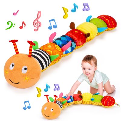 Baby Sensory Caterpillar Toys 0-3 Month Music Animal Stuffed Plush Toy for Infant 0-3-6-12 Month Tummy Time with Crinkle Rattle for Newborn 9-12 Month Toy for Boy Girl Birthday Shower Gifts Orange