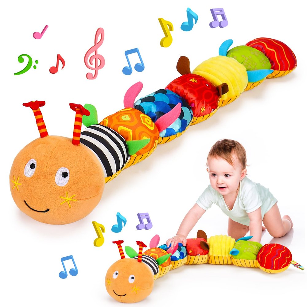 Baby Sensory Caterpillar Toys 0-3 Month Music Animal Stuffed Plush Toy for Infant 0-3-6-12 Month Tummy Time with Crinkle Rattle for Newborn 9-12 Month Toy for Boy Girl Birthday Shower Gifts Orange