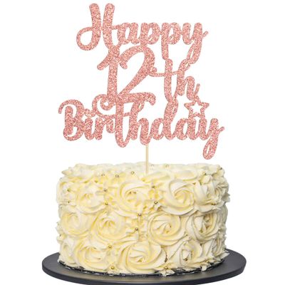 Gyufise 1Pc Happy 12th Birthday Cake Topper Glitter 12 & Fabulous Cheers to 12 Years Old Cake Pick for Celebrating 12th Birthday Anniversary Party Cake Decorations Supplies Rose Gold