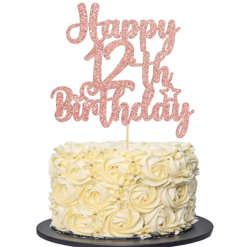 Gyufise 1Pc Happy 12th Birthday Cake Topper Glitter 12 & Fabulous Cheers to 12 Years Old Cake Pick for Celebrating 12th Birthday Anniversary Party Cake Decorations Supplies Rose Gold
