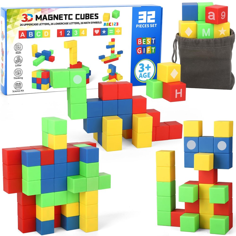 Dilabnba 32PCS Magnetic Building Blocks for Kids Ages 3-5 4-8, 3D Magnet Cube Montessori Toy, Sensory Preschool Creative STEM Montessori Toy
