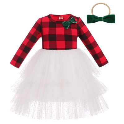 AFAVOM Girls Christmas Plaid Tiered Tulle Tutu Dress Kids Long Sleeve Xmas Outfit Infant Baby Birthday Party Costumes Casual Checkered Dress Princess Gingham Dress+Hair Bow Red 2-3 Years