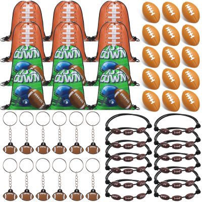Poen 48 Pcs Football Party Favors Include 12 Drawstring Backpack 12 Mini Football 12 Keychain 12 Wax Thread Braided Bracelet Inspirational Team Gift