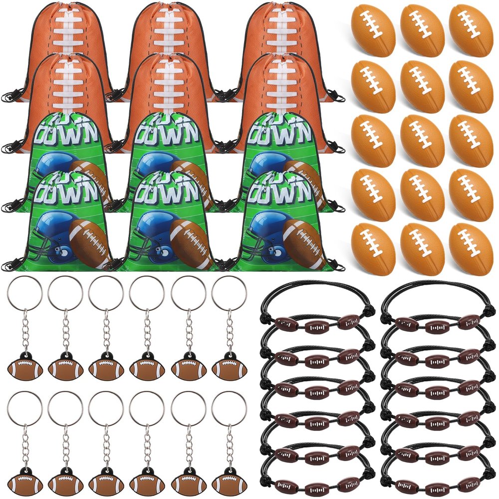 Poen 48 Pcs Football Party Favors Include 12 Drawstring Backpack 12 Mini Football 12 Keychain 12 Wax Thread Braided Bracelet Inspirational Team Gift