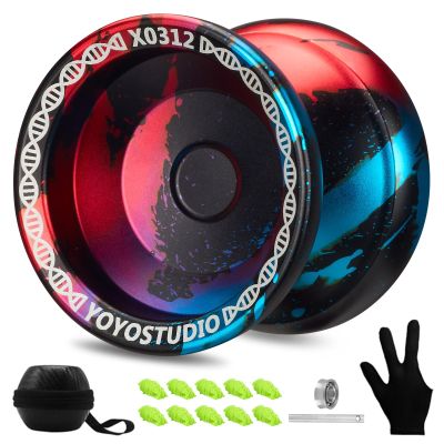 YOYOSTUDIO Unresponsive Yoyo Professional Fingerspin Yoyo for Kids Beginners, Yo yo for Adults, Metal Yoyos for Finger Spin Tricks, Pro Trick Yoyos with 10 Strings, Case & Gloves Black Blue Red