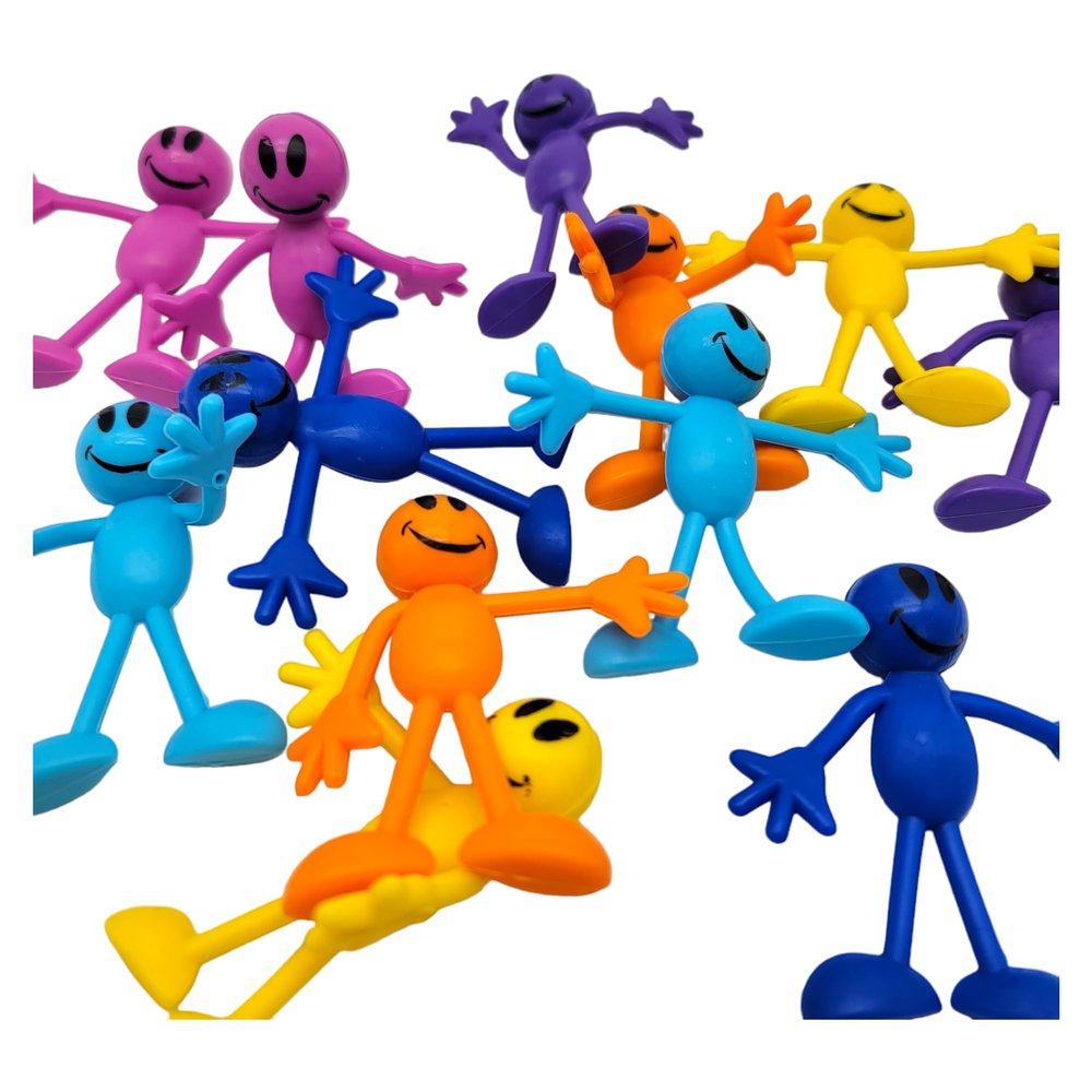 Zugar Land Colorful Bendable Smile Figures (3") Flexible Rubber Men with Smile Faces, Party Favor, Stress Relief Fidget Toy Goody Bag Pinata Fillers for Kids and Adults (12 Smile Figures)
