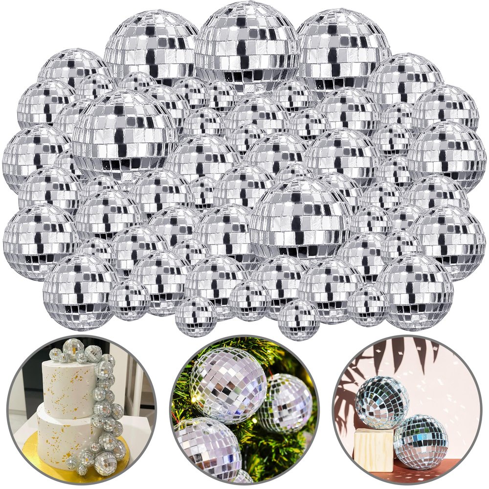108 PCS Disco Ball Cake Ornaments Reflective Mirror Ball 70s Themed Party Decoration Silver Disco Table Decor for Christmas Tree Dance Music