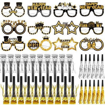 Yazabai 44 Pcs 2026 New Year's Eve Party Supplies Including Happy New Year Hats Glasses Silver and Gold Noisemakers (Glasses)