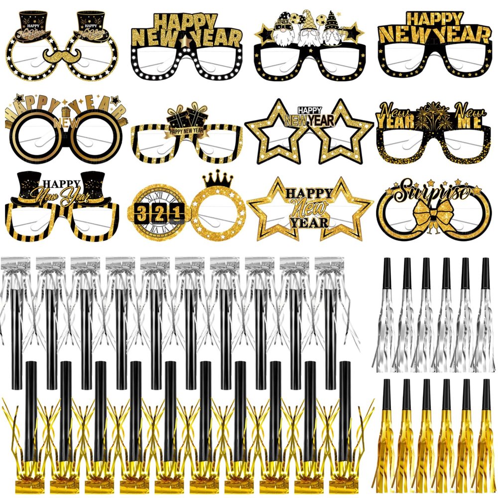 Yazabai 44 Pcs 2026 New Year's Eve Party Supplies Including Happy New Year Hats Glasses Silver and Gold Noisemakers (Glasses)