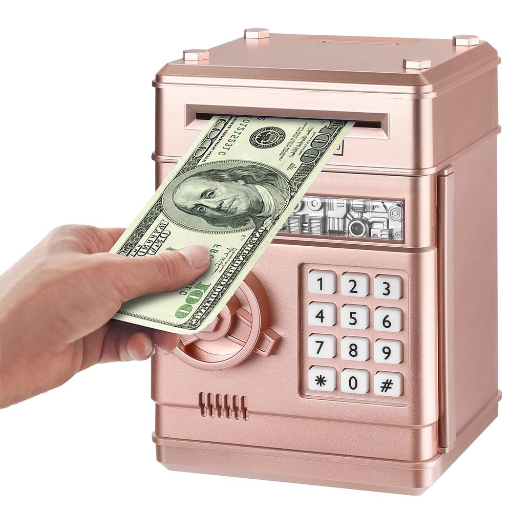 Adevena Electronic Piggy Bank, Mini ATM Password Money Bank Cash Coins Saving Box for Kids, Cartoon Safe Bank Box Perfect Toy Gifts for Boys Girls (Rose Gold)