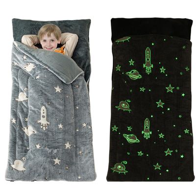 Sleeping Bag for Kids Toddler Nap Mat 63" x 30" Toddler Slumber Bag with Pillow Pocket Glow in The Dark Blanket Fluffy with Padded Mat for Boys, Girls, Daycare, Preschool, Sleepover, Grey