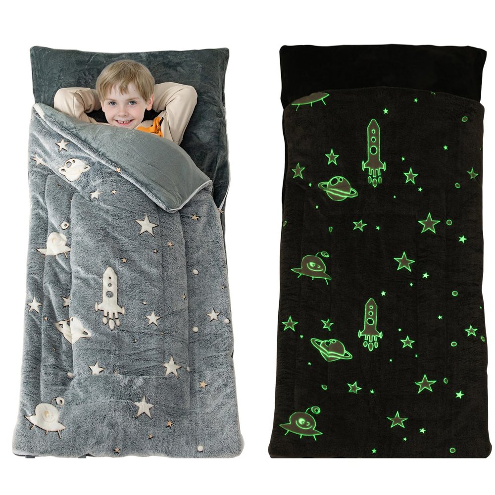 Sleeping Bag for Kids Toddler Nap Mat 63" x 30" Toddler Slumber Bag with Pillow Pocket Glow in The Dark Blanket Fluffy with Padded Mat for Boys, Girls, Daycare, Preschool, Sleepover, Grey