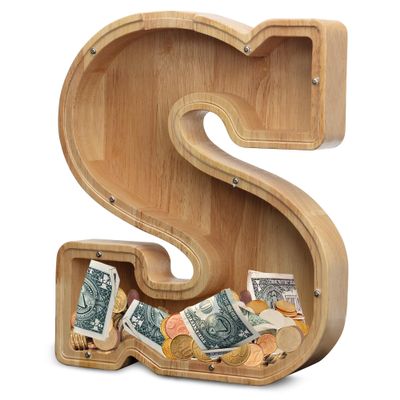 AORCMITN Extra Large Wooden Letter Coin Piggy Bank for Boys Girls Kids Toddler Alphabet S Money Bank (Initial-S-12)
