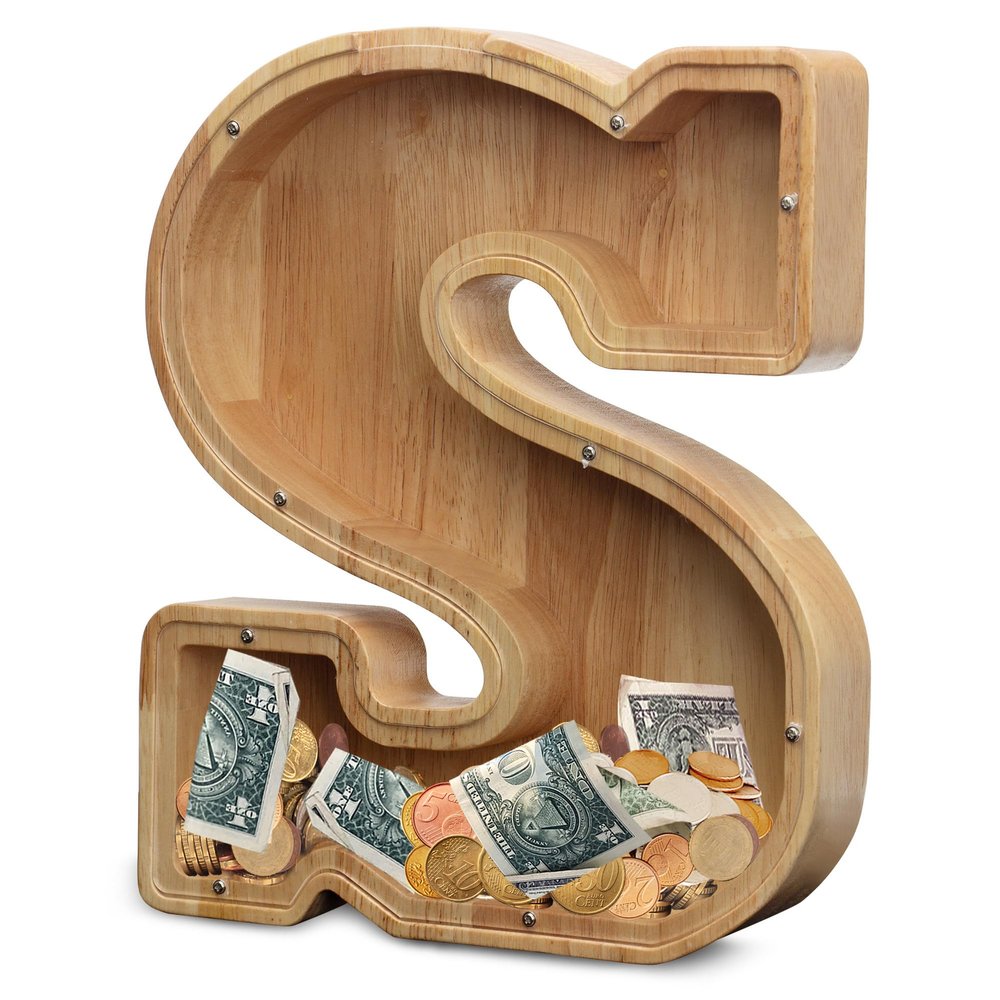 AORCMITN Extra Large Wooden Letter Coin Piggy Bank for Boys Girls Kids Toddler Alphabet S Money Bank (Initial-S-12)