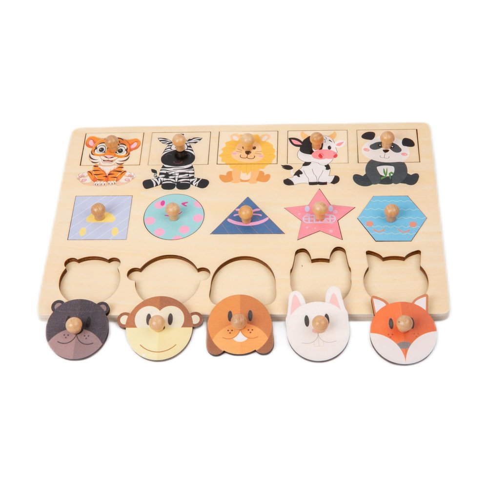 Adena Montessori Colorful Multiple Shape Puzzles Toys for 6-12 Months 1 Year Old Toddler Babies First Shapes Geometric Jumbo Knob Wooden Puzzle Color Sorter (Animals)