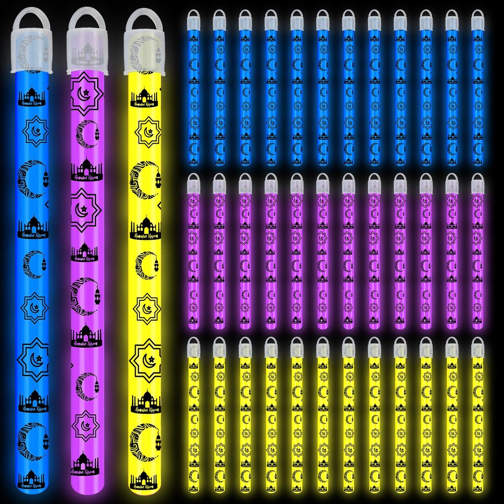 Libima 36 Pcs 8 Inch Glow Sticks Necklaces Light up Glow in The Dark Sticker Party Favors Stick Necklaces for Easter Basket Stuffers Easter Egg Hunt Games Prizes Decorations(Blue, Purple, Yellow)