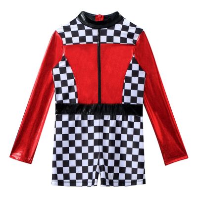 ACSUSS Racer Costume for Girls Checkerboard Race Car Driver Outfit Long Sleeve Print Jumpsuit Unitards Red 14 Years