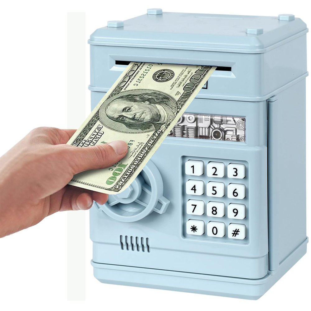 Adevena Electronic Piggy Bank, Mini ATM Password Money Bank Cash Coins Saving Box for Kids, Cartoon Safe Bank Box Perfect Toy Gifts for Boys Girls (Light Blue)