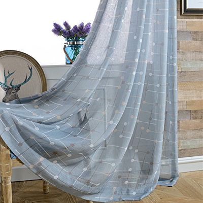 HooHero Blue Modern 52 Wide Bedroom Sheer Curtains Living Room Voile Plaid Printed Semi Gauze