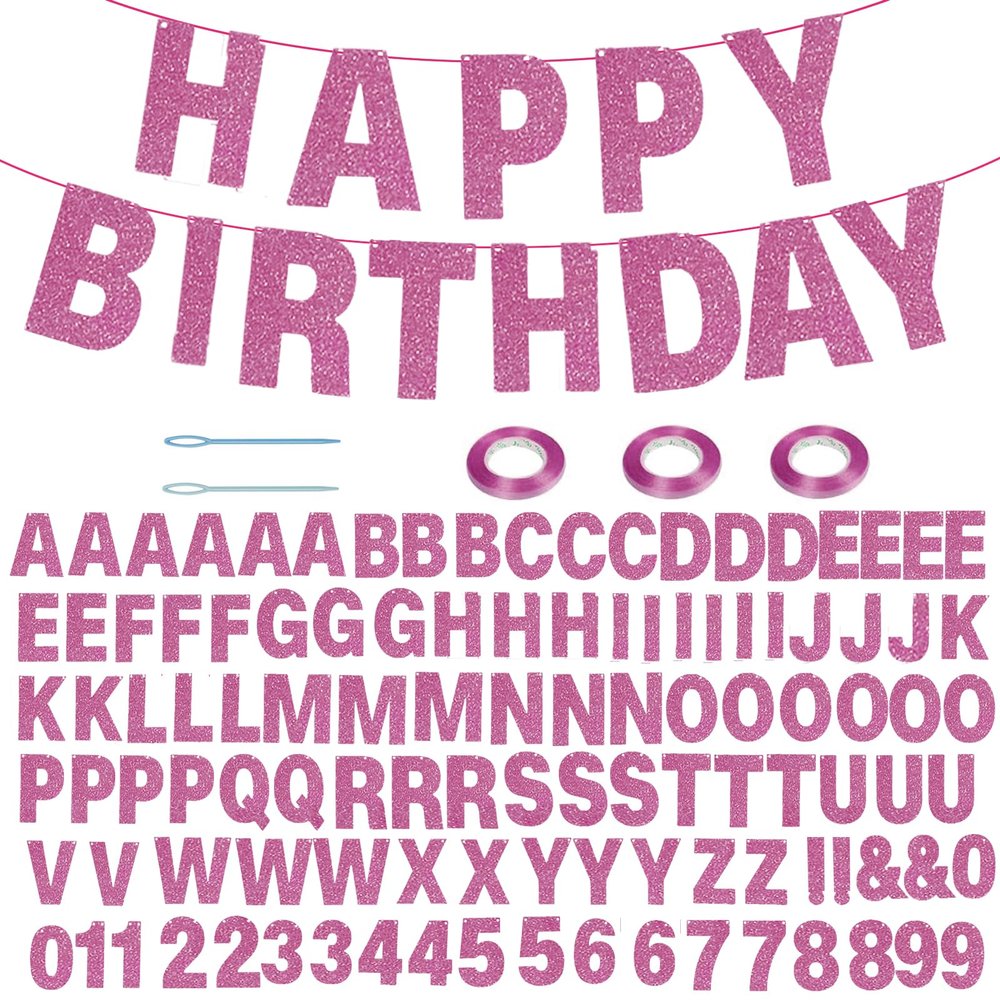 116 Pcs DIY Glitter Customizable Banner Kit Custom Banner Including 111 Letters and Numbers 3 Rope and 2 Threading Device for Personalized Decor for Women's Day Birthday (Pink)