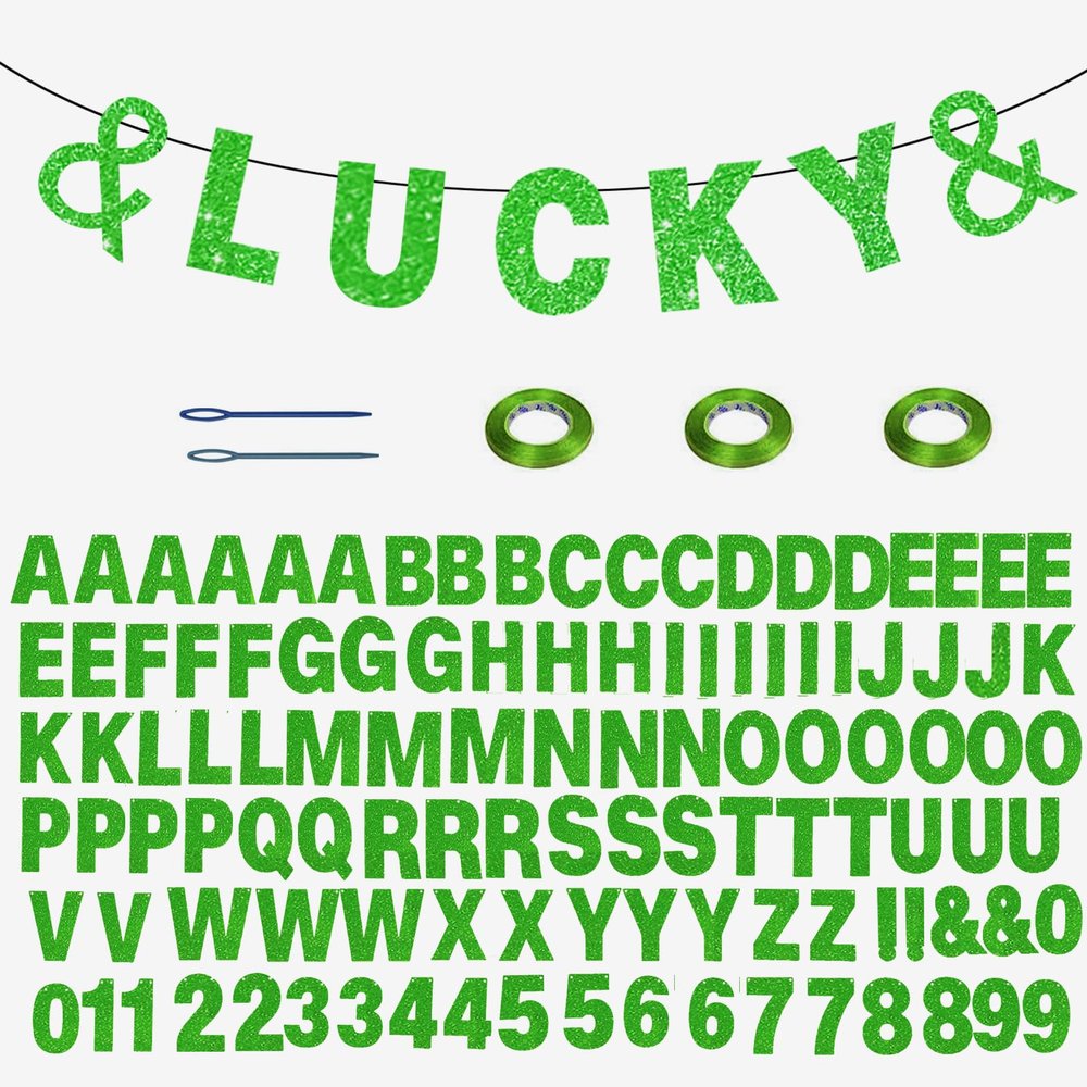 116 Pcs DIY Glitter Customizable Kit - Custom Banner with 111 Letters, Numbers, 3 Rope and 2 Threading Devices for Personalized Decor - Green