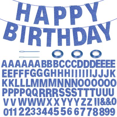 116 Pcs DIY Glitter Custom Banner Kit - Customize with 111 Letters and Numbers, 3 Rope, 2 Threading Devices for Personalized Decor - Halloween, Birthday (Blue)