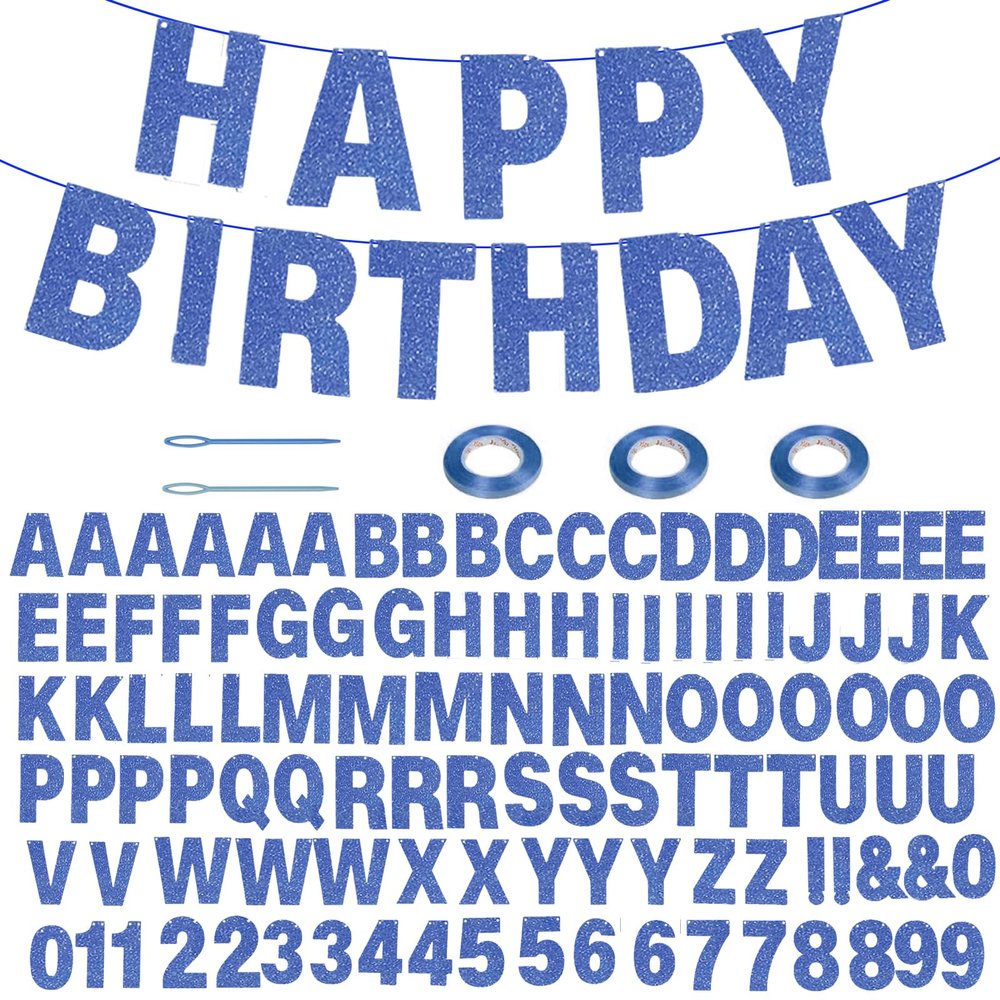 116 Pcs DIY Glitter Custom Banner Kit - Customize with 111 Letters and Numbers, 3 Rope, 2 Threading Devices for Personalized Decor - Halloween, Birthday (Blue)