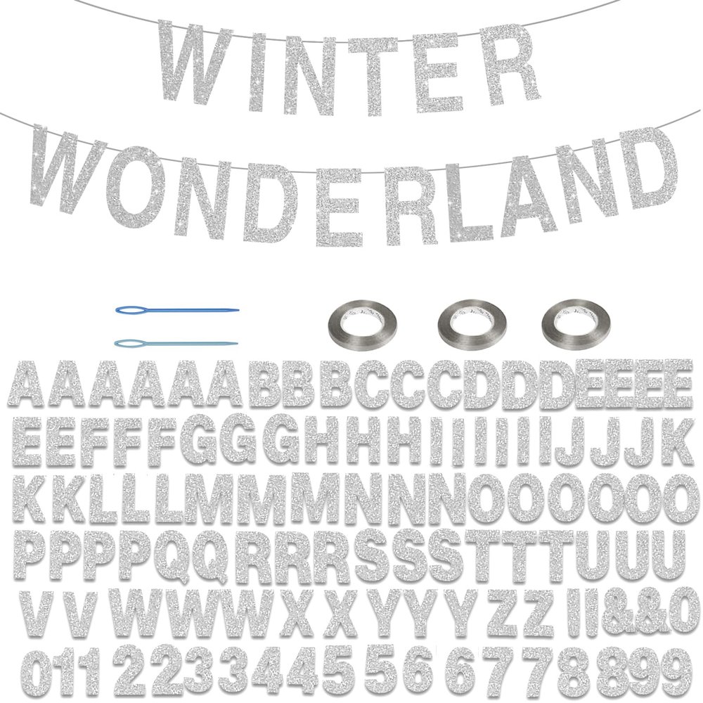 116 Pcs DIY Glitter Custom Banner Kit - Customize with 111 Letters and Numbers, 3 Rope, 2 Threading Devices for Personalized Winter Wonderland Birthday Decor (Silvery)