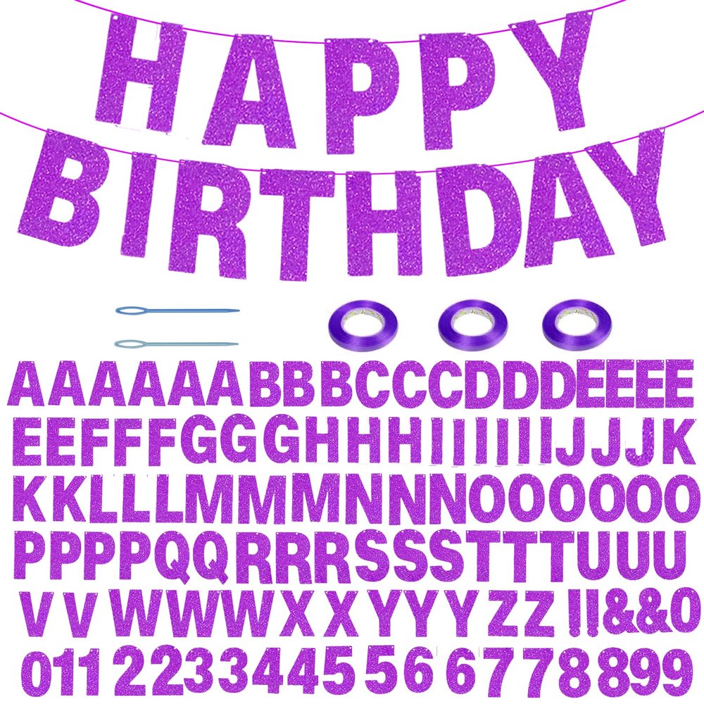 116 Pcs DIY Glitter Custom Banner Kit - Customize with 111 Letters and Numbers, 3 Rope and 2 Threading Devices for Personalized Decor for Women's Day, Birthday Banners (Purple)