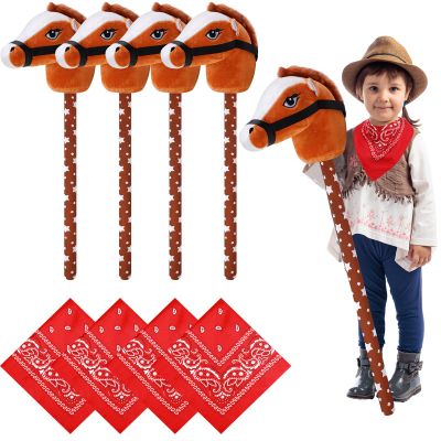 Poen 4 Pack Light Brown Horse Stick with Sound Red Bandana Set 27.6'' Toys Stick Horse Western Cowboy Bandana Head with Neighing Sound for Boys Girls Fun Pretend Games Son Daughter
