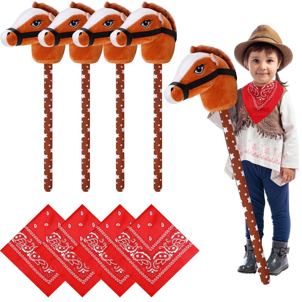 Poen 4 Pack Light Brown Horse Stick with Sound Red Bandana Set 27.6'' Toys Stick Horse Western Cowboy Bandana Head with Neighing Sound for Boys Girls Fun Pretend Games Son Daughter