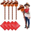 Poen 4 Pack Light Brown Horse Stick with Sound Red Bandana Set 27.6'' Toys Stick Horse Western Cowboy Bandana Head with Neighing Sound for Boys Girls Fun Pretend Games Son Daughter view 1